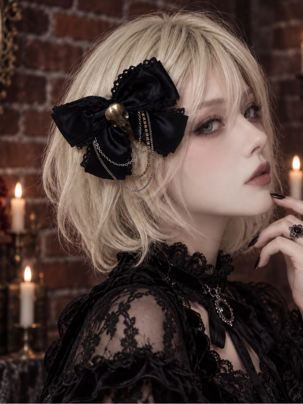 Black Satin Gothic Hair Bow Barrett with Skull Accent